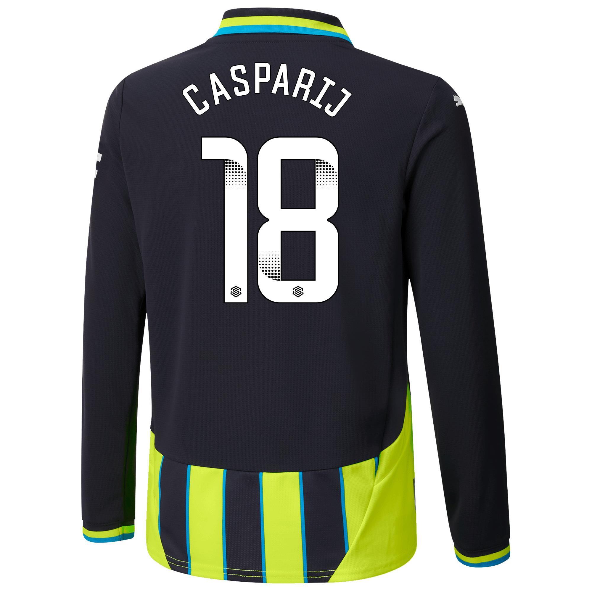 kids manchester city away jersey newnavy 202425 long sleeve with casparij 18 printing | Offizieller Manchester City Store