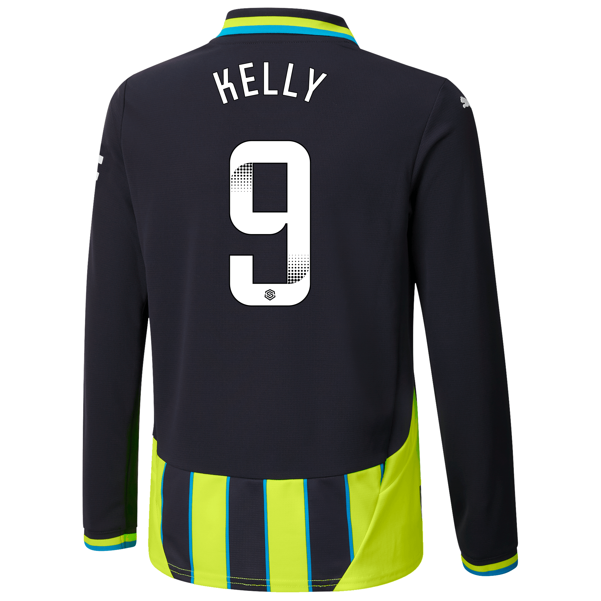 kids manchester city away jersey newnavy 202425 long sleeve with kelly 9 printing | Offizieller Manchester City Store