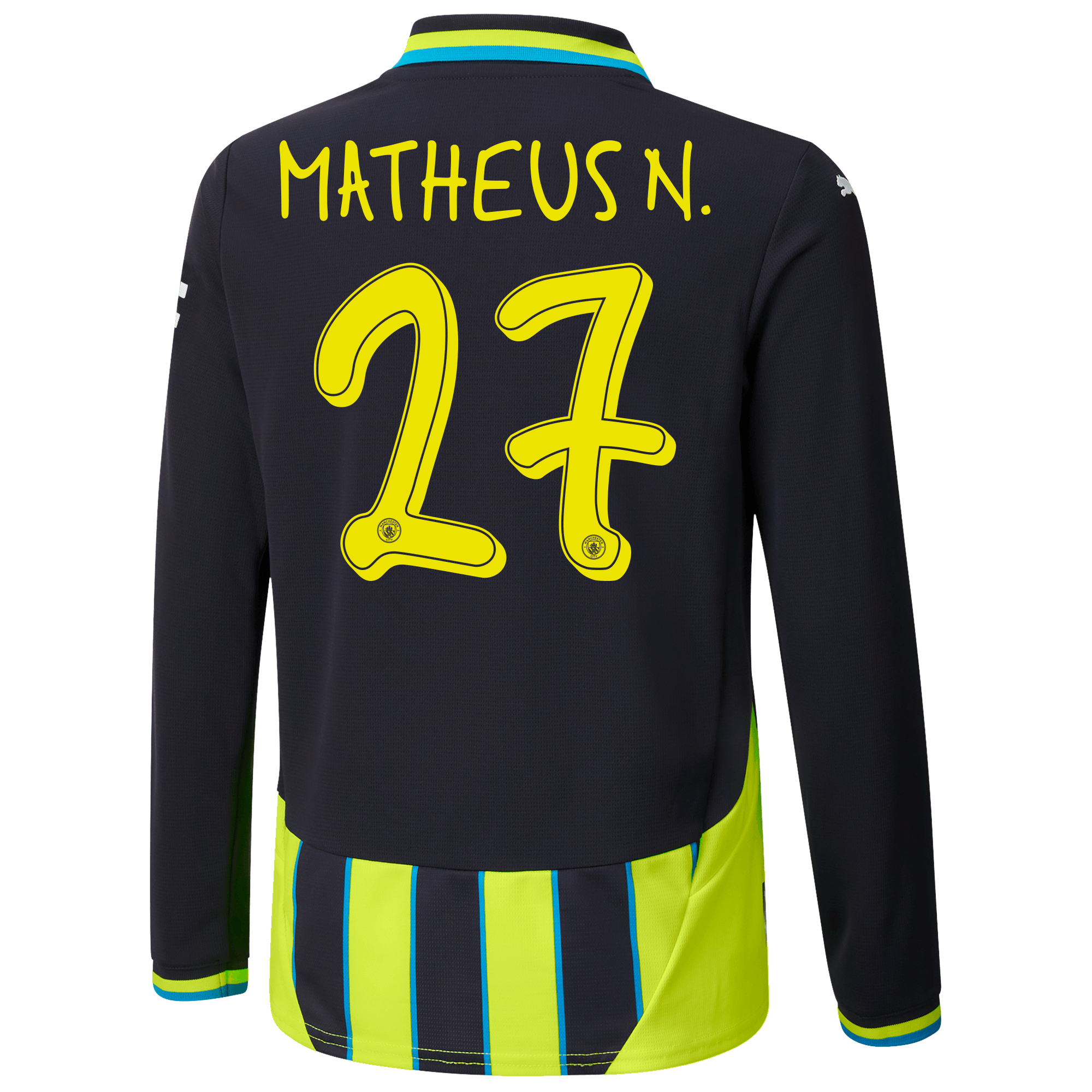 kids manchester city away jersey newnavy 202425 long sleeve with matheus n. 27 printing | Offizieller Manchester City Store