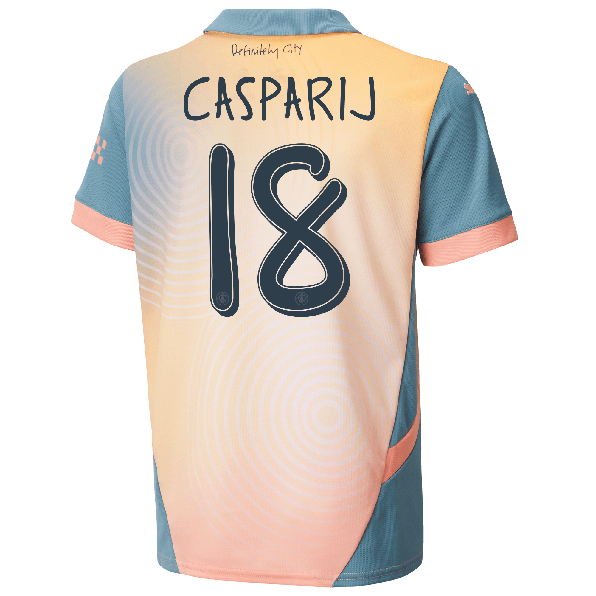 kids manchester city definitely city jersey pink 202425 with casparij 18 printing | Offizieller Manchester City Store