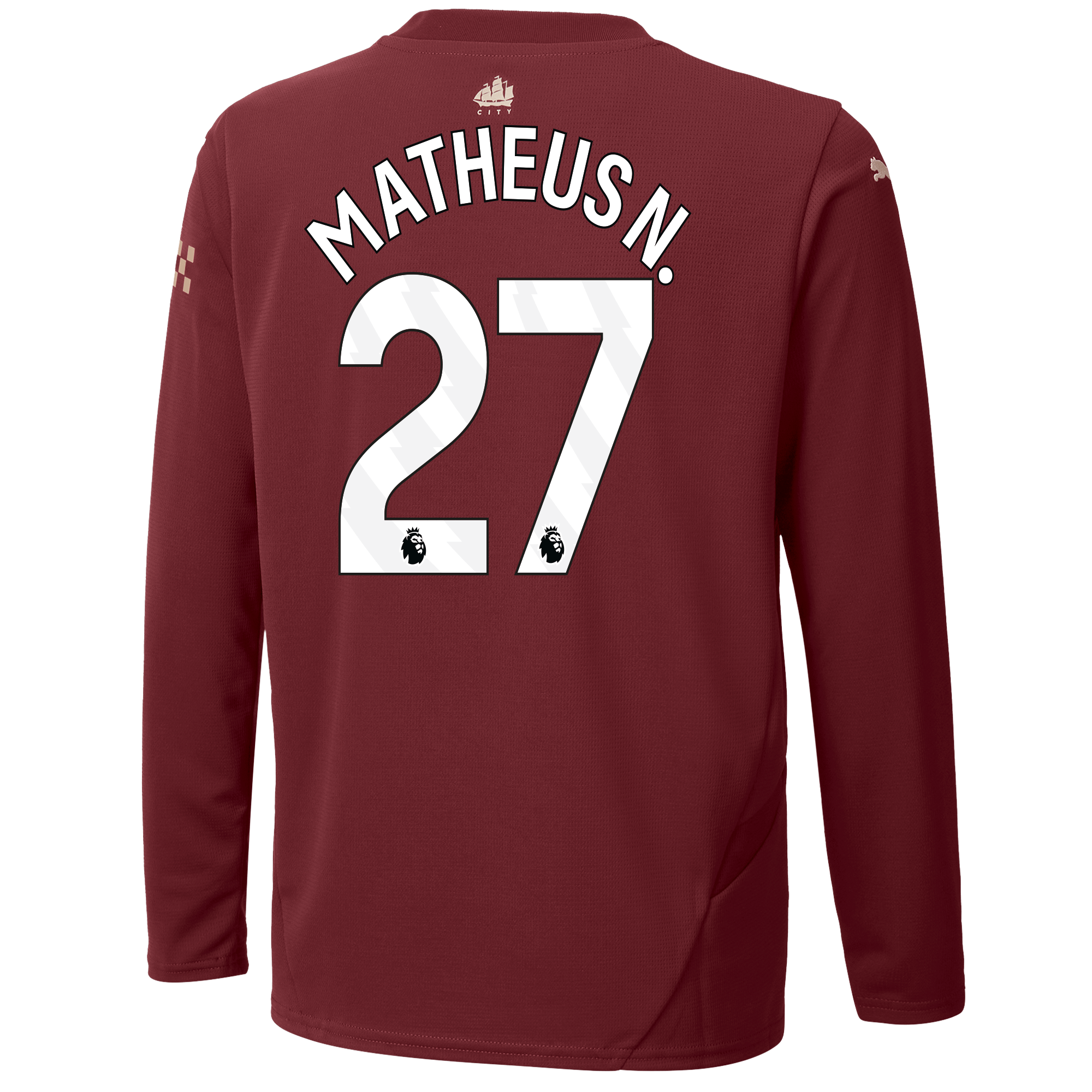 kids manchester city third jersey burgundy 202425 long sleeve with matheus n. 27 printing | Offizieller Manchester City Store