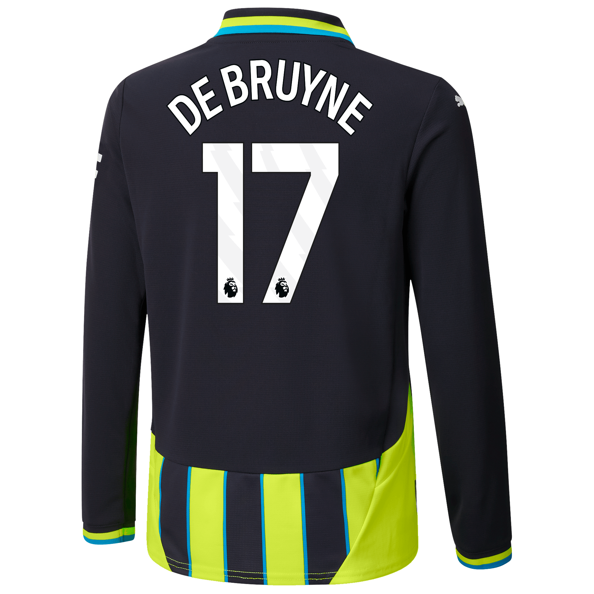 kinder manchester city away jersey 202425 long sleeve with de bruyne 17 printing | Offizieller Manchester City Store