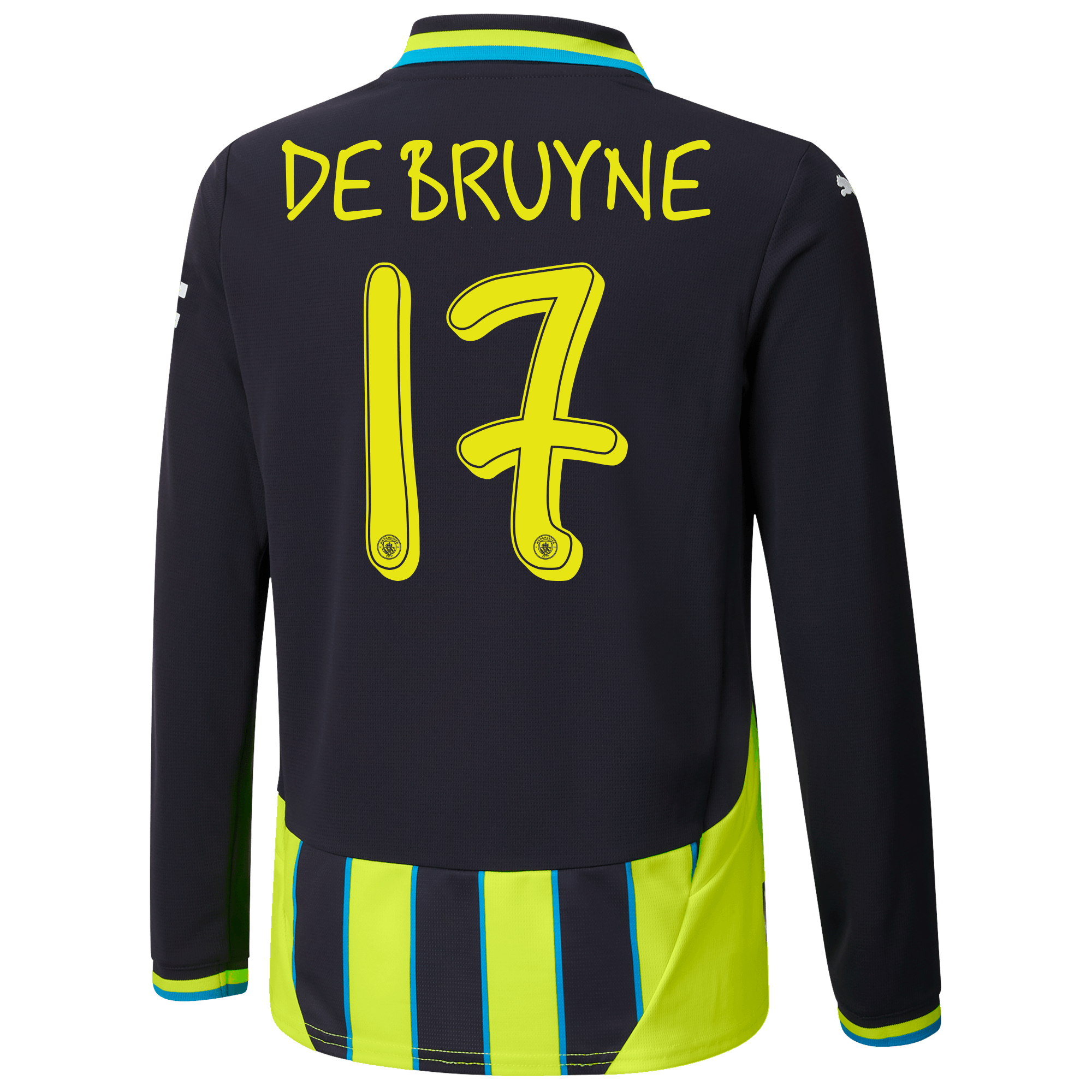 kinder manchester city away jersey newnavy 202425 long sleeve with de bruyne 17 printing | Offizieller Manchester City Store