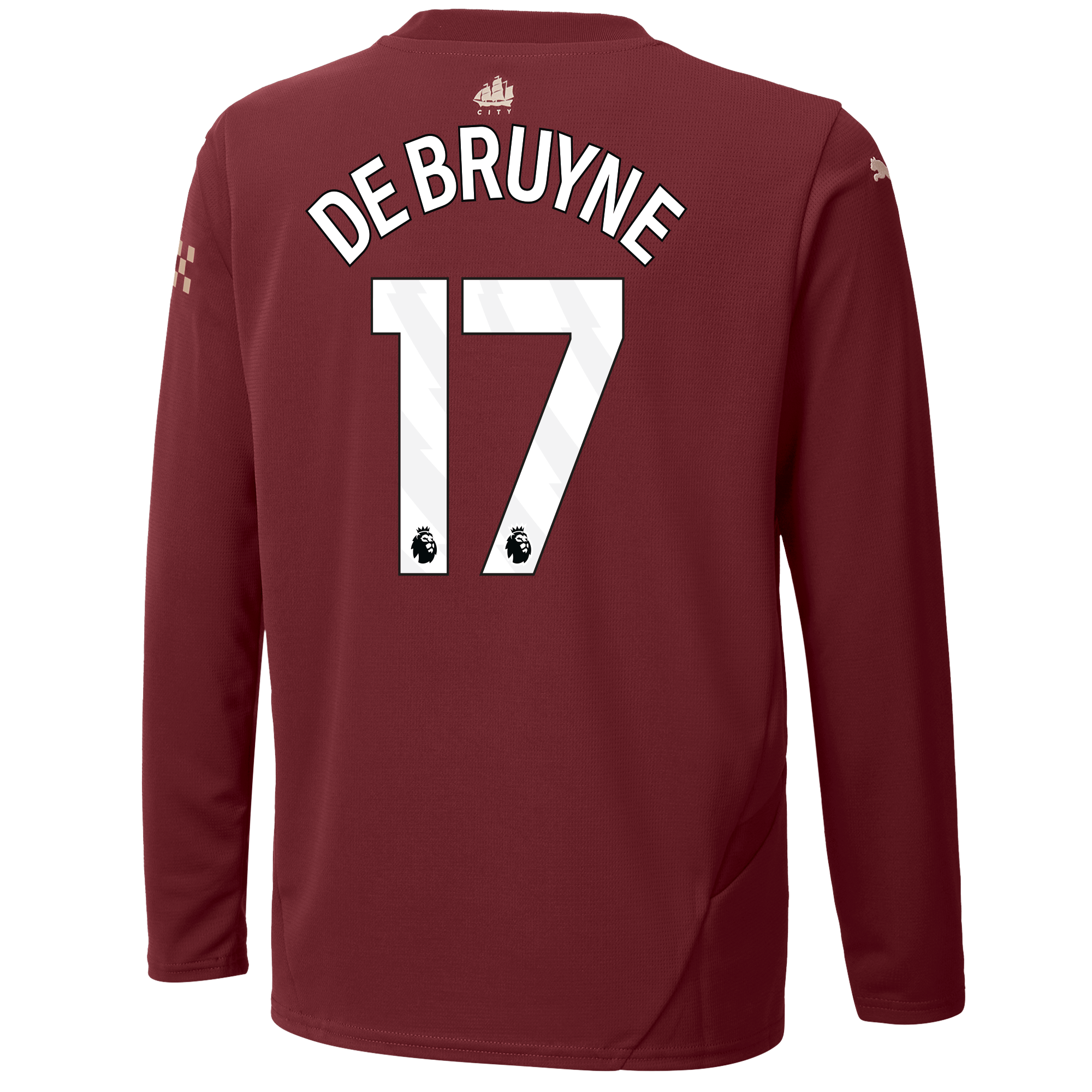 kinder manchester city third jersey burgundy 202425 long sleeve with de bruyne 17 printing | Offizieller Manchester City Store