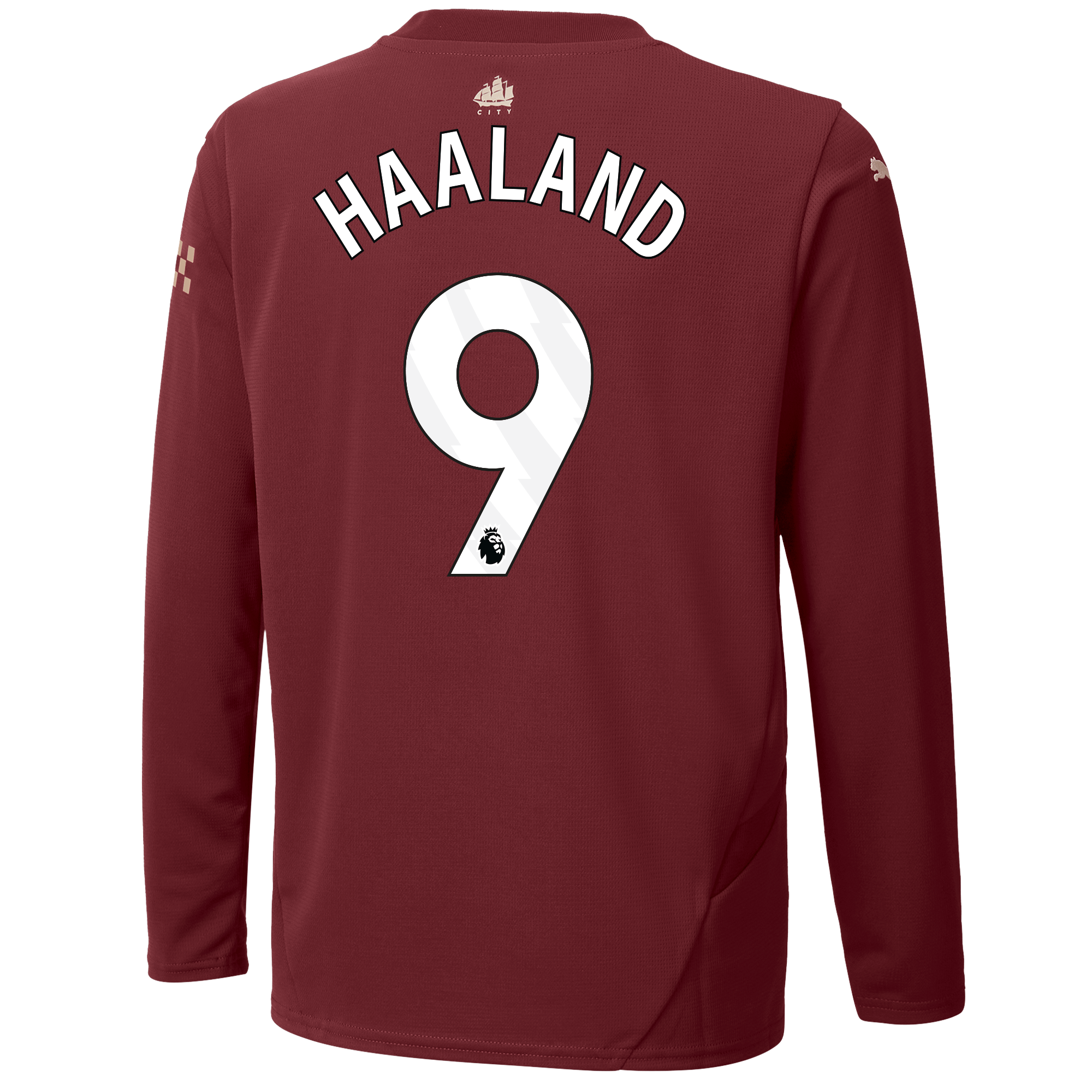 kinder manchester city third jersey burgundy 202425 long sleeve with haaland 9 printing | Offizieller Manchester City Store