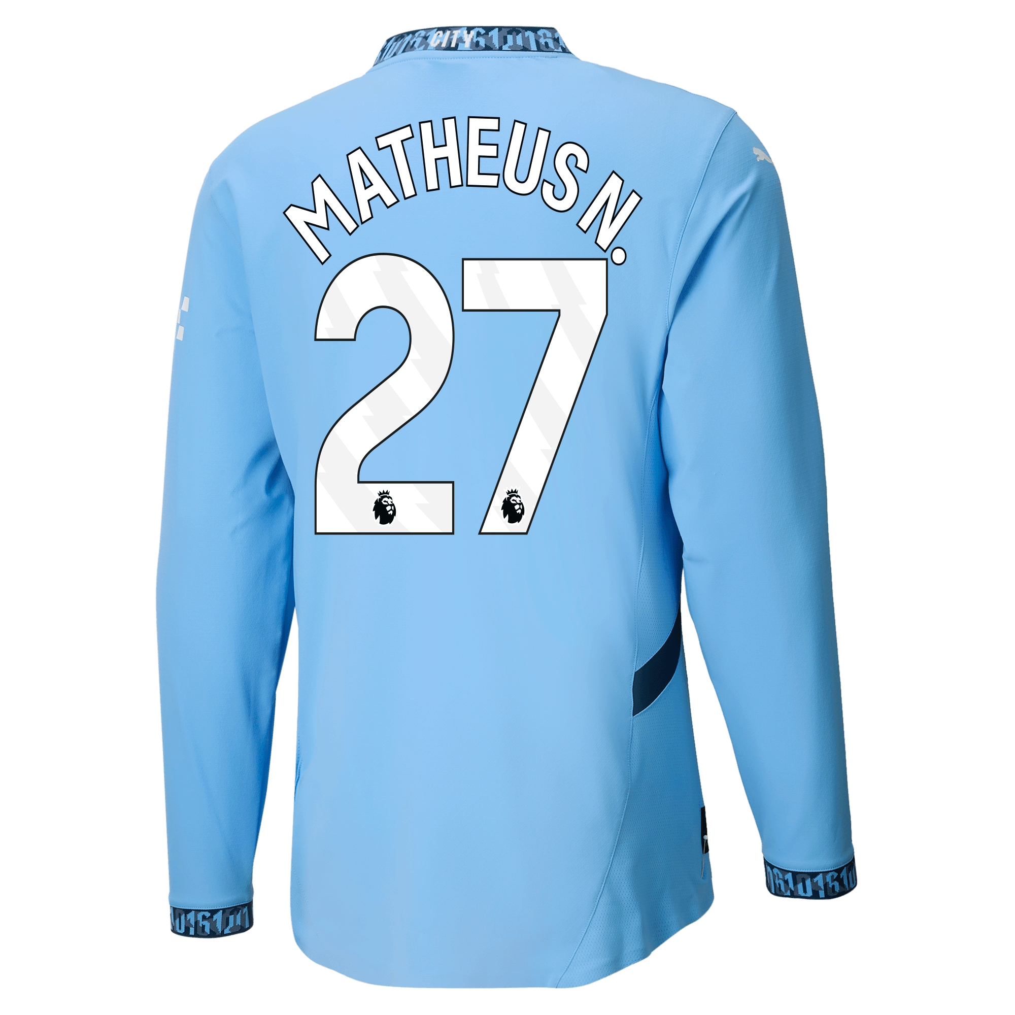 manchester city authentic home jersey teamlightblue 202425 long sleeve with matheus n. 27 printing | Offizieller Manchester City Store
