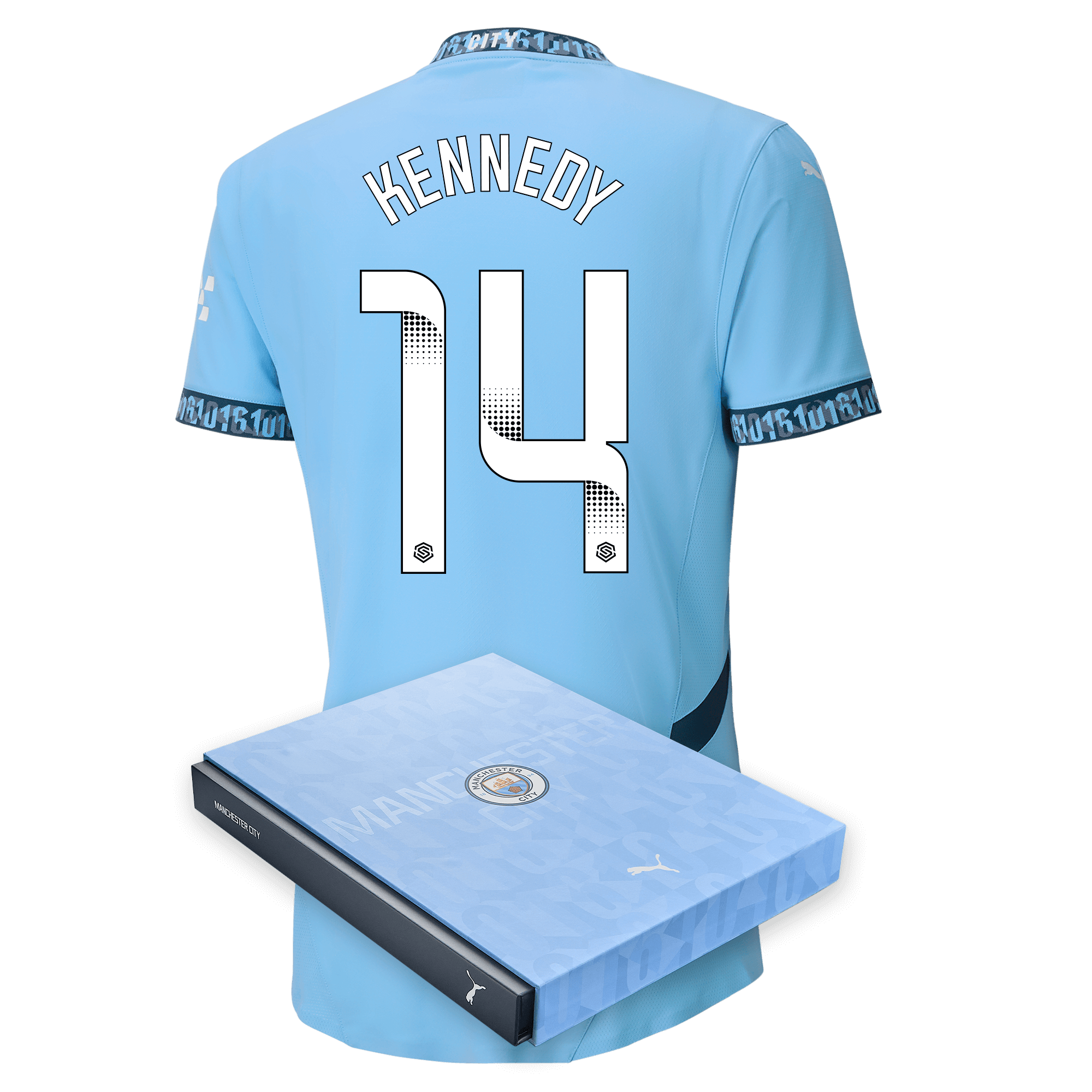 manchester city authentic home jersey teamlightblue 202425 with kennedy 14 printing in gift box | Offizieller Manchester City Store