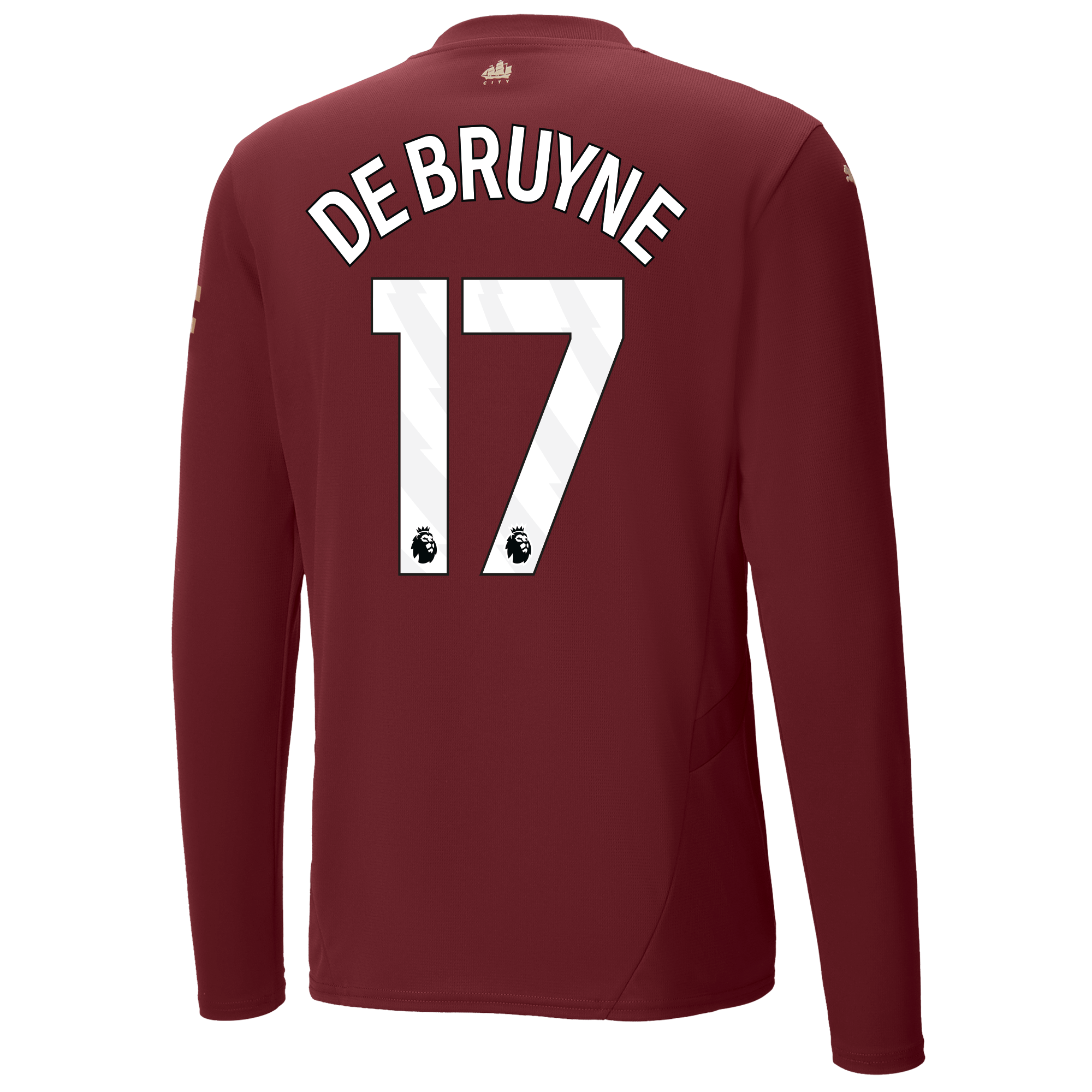 manchester city authentic third jersey burgundy 202425 long sleeve with de bruyne 17 printing | Offizieller Manchester City Store