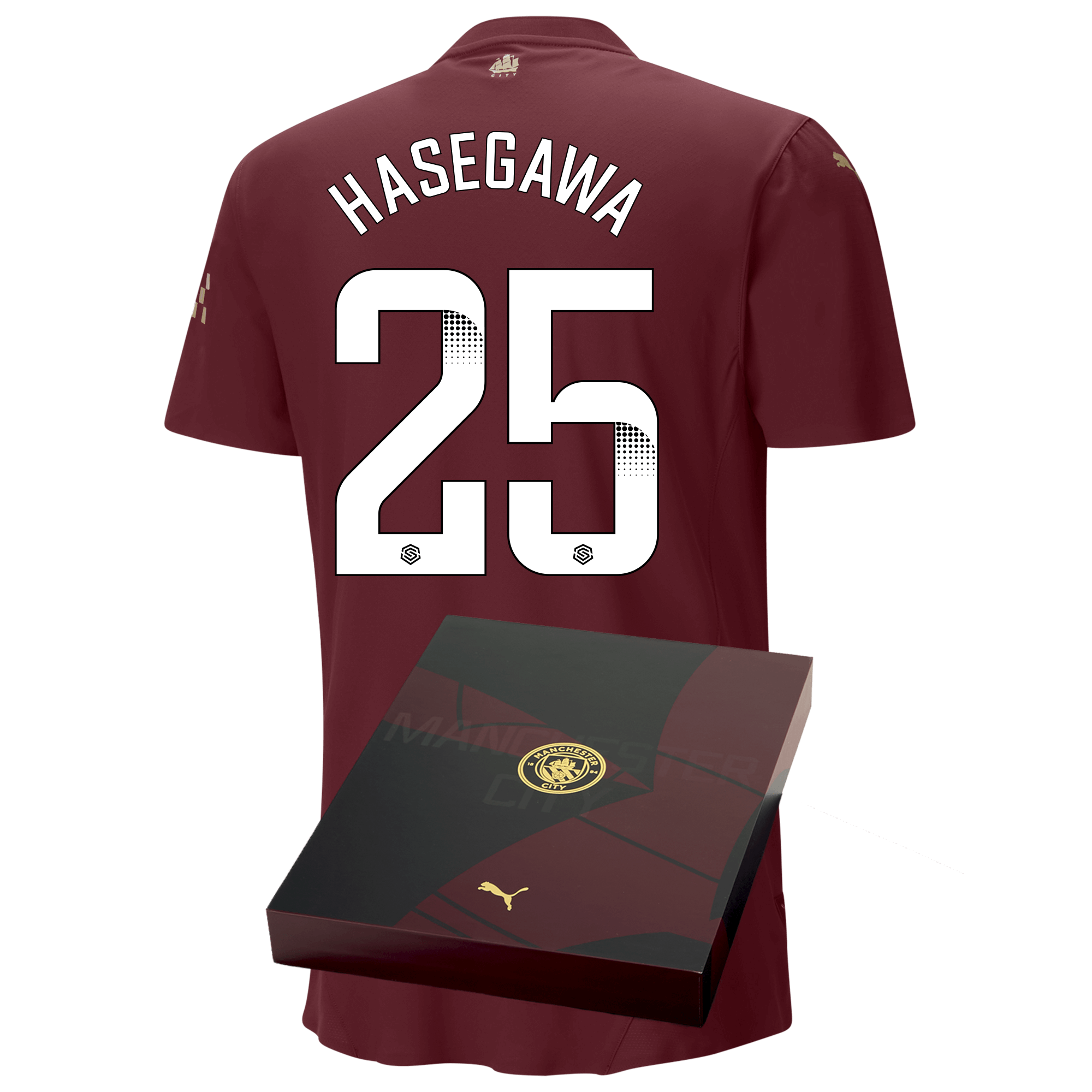 manchester city authentic third jersey burgundy 202425 with hasegawa 25 printing in gift box | Offizieller Manchester City Store