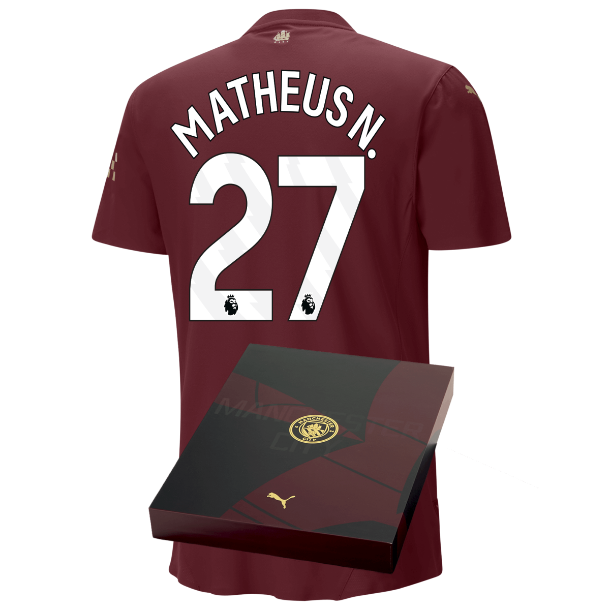 manchester city authentic third jersey burgundy 202425 with matheus n. 27 printing in gift box | Offizieller Manchester City Store