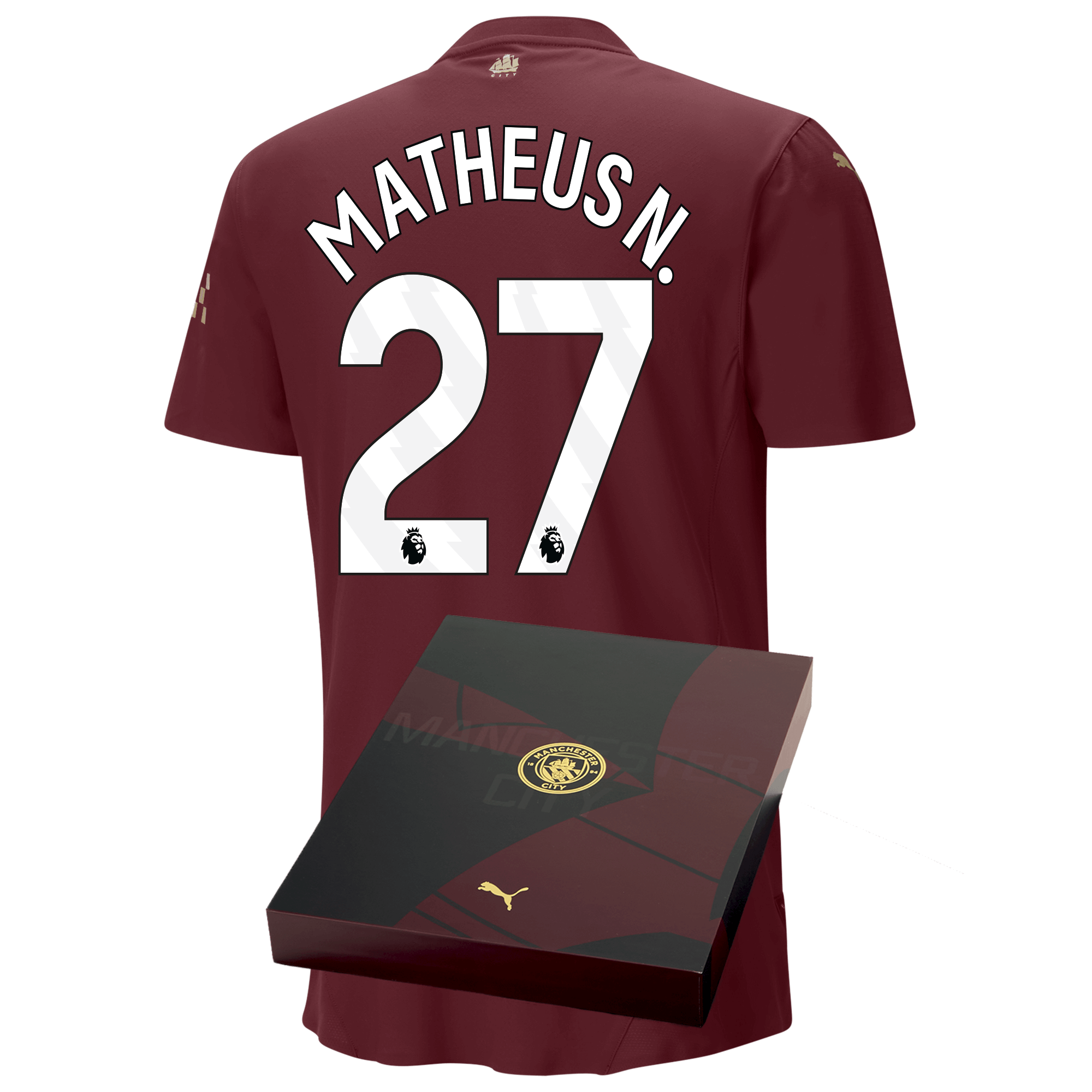 manchester city authentic third jersey burgundy 202425 with matheus n. 27 printing in gift box | Offizieller Manchester City Store
