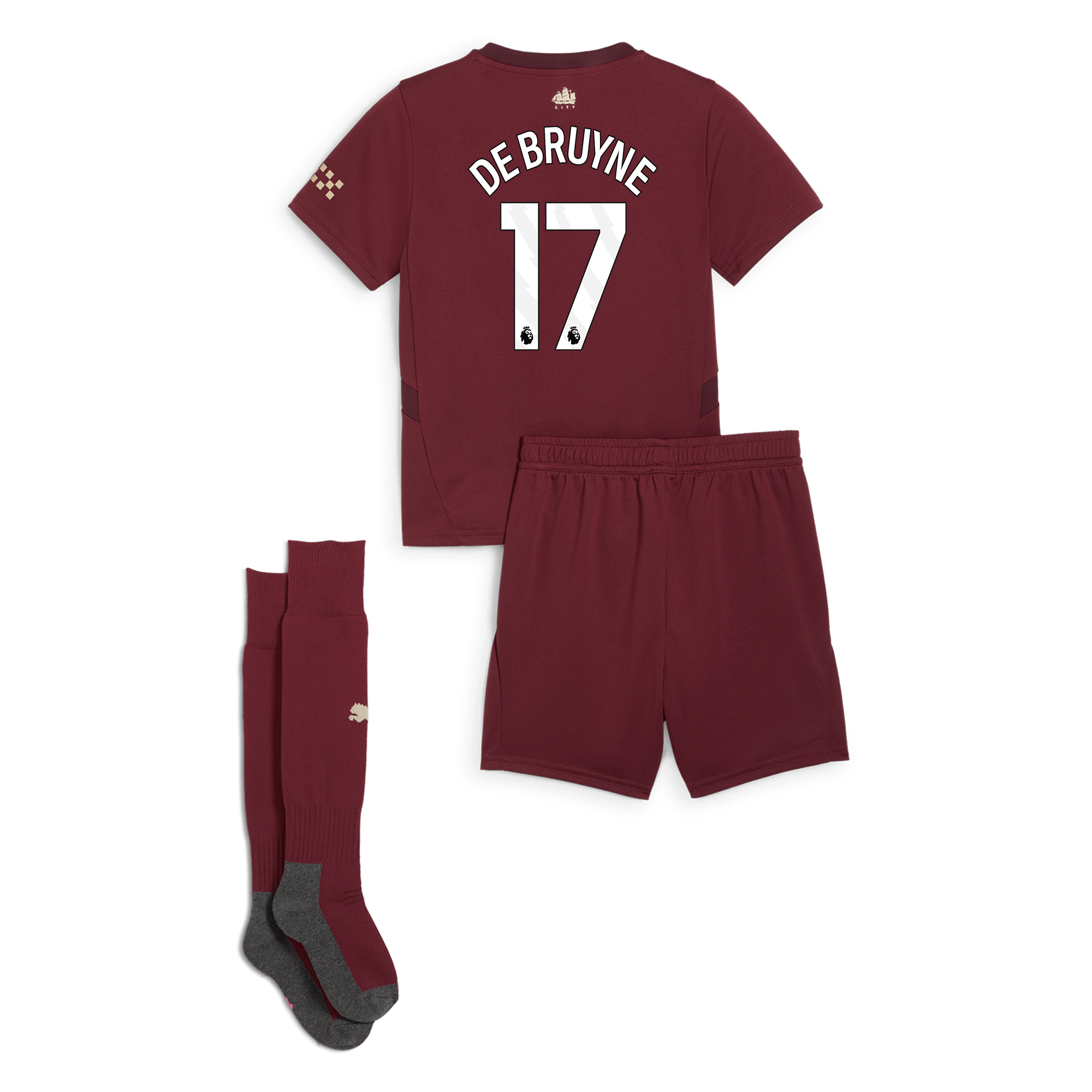 manchester city third mini kit burgundy 202425 with de bruyne 17 printing | Offizieller Manchester City Store