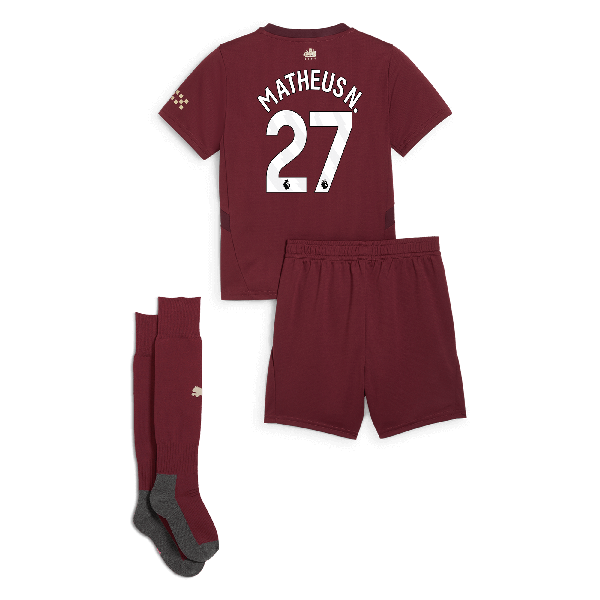 manchester city third mini kit burgundy 202425 with matheus n. 27 printing | Offizieller Manchester City Store